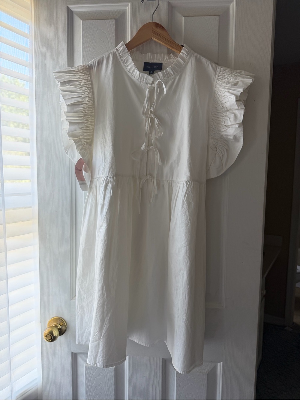 Women's White Ruffle Sleeve Mini Dress with Tie Front